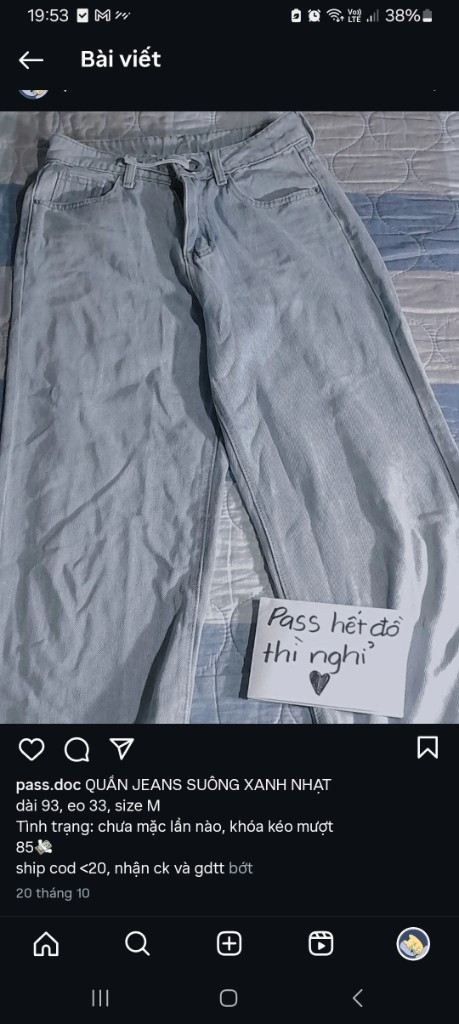 Quần Jeans Suông Xanh Nhạt Size M - Pass đồ