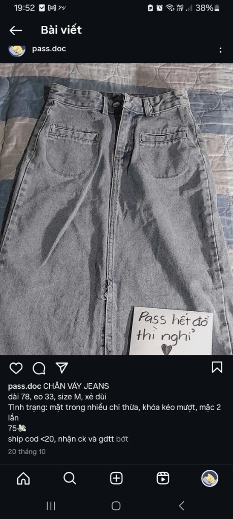 Chân váy jeans dáng dài xám khói, size M