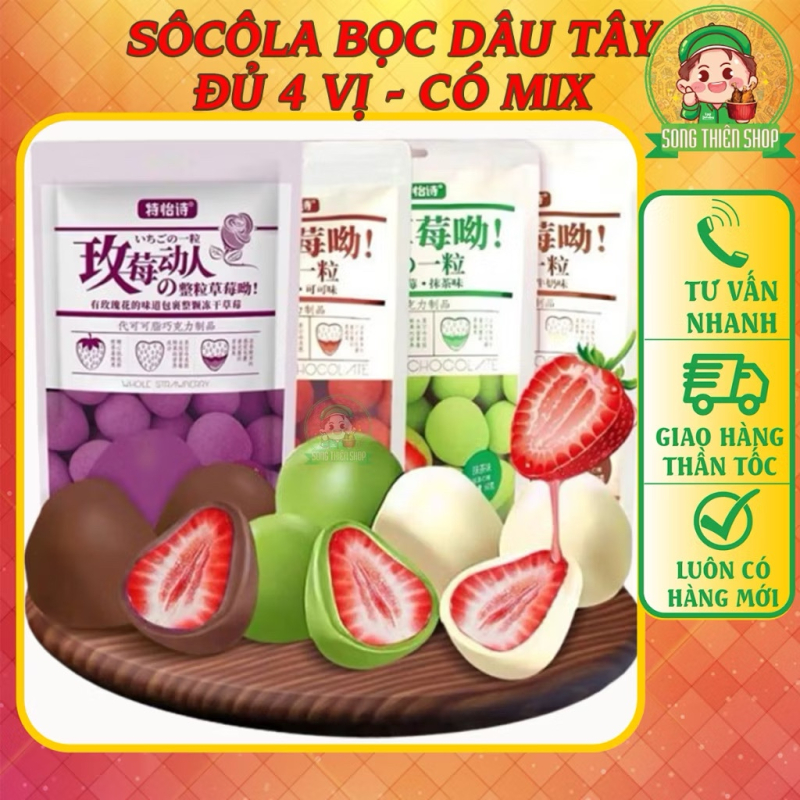 Sôcôla bọc dâu tây đũ 4 vị - Món ăn vặt ngon miệng