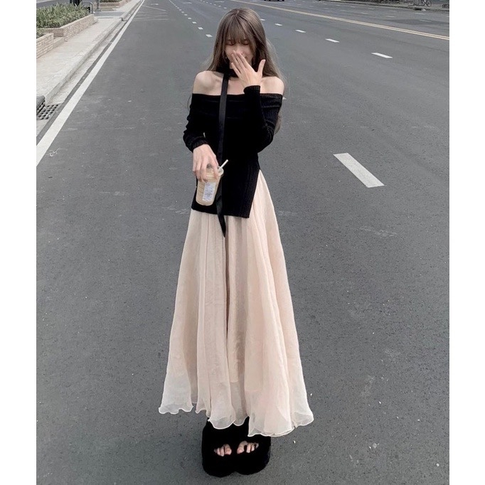 Set chân váy lụa chiffon dáng dài kèm áo len tăm trễ vai