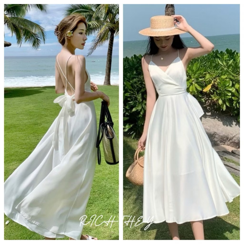 Váy lụa trắng 2 dây hở lưng có thắt nơ