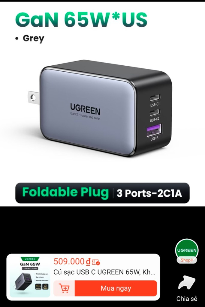 Pin sạc dự phòng UGREEN 65W *US - Chính hãng, mới, dùng tốt